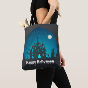 Blått och bläckat hus i happy halloween tygkasse