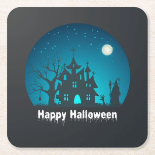 Blått och bläckat hus i happy halloween underlägg papper kvadrat