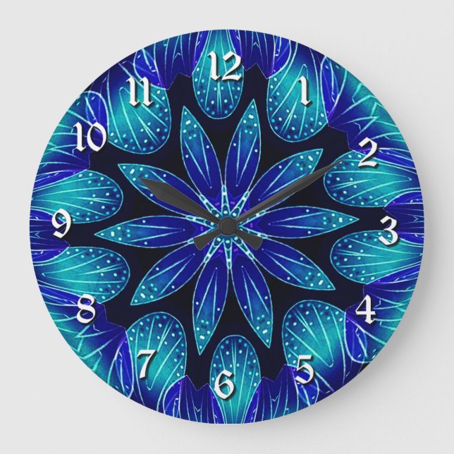 Blått och blått Petals Mandala Stor Klocka (Framsida)