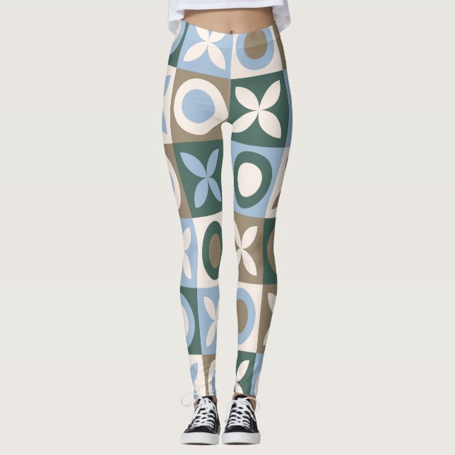 Blått och brunt geometriskt kakelmosaikmönster leggings (Framsida)
