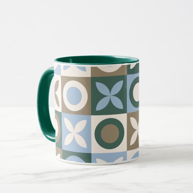Blått och brunt geometriskt kakelmosaikmönster mugg (Framsida vänster)