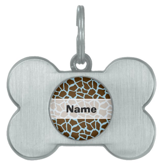Blått och brunt Giraffe Animal Print ID-bricka Husdjur (Framsidan)