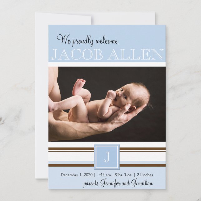 Blått och brunt Monogram Boy Baby-meddelande Meddelande (Framsida)