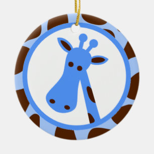 Blått- och bruntgirafffläckar och giraffhuvud julgransprydnad keramik