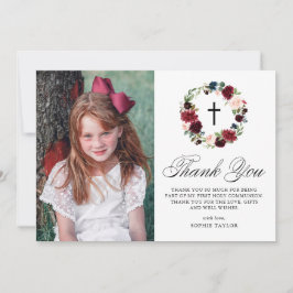 Blått och Burgundy Blommigt WAN First Communision Tack Kort