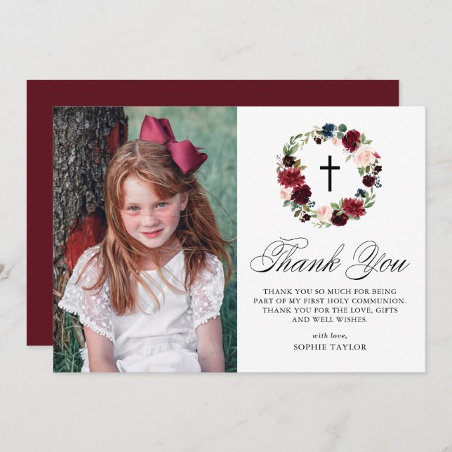 Blått och Burgundy Blommigt WAN First Communision Tack Kort (Fram/baksida)