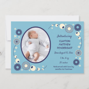 Blått och Cream Blommigt Pojke Birth Annouement Inbjudningar