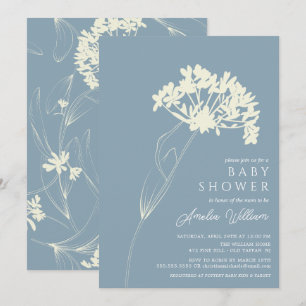 Blått och Cream Modern Blommigt Baby Shower-inbjud Inbjudningar