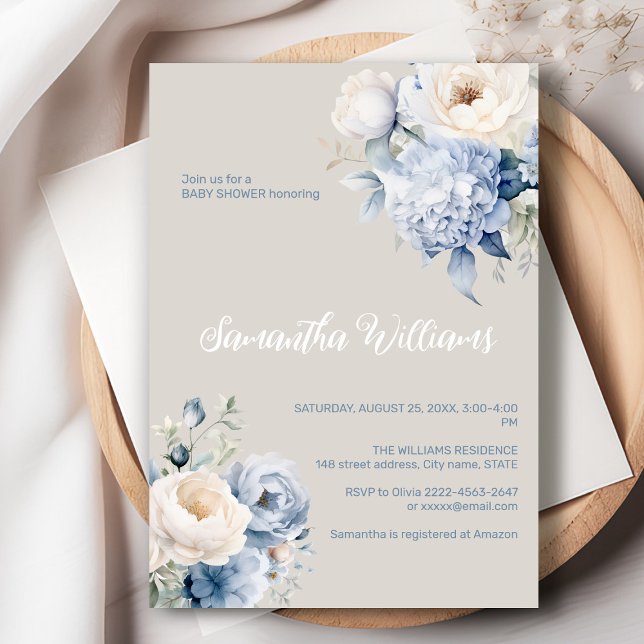 Blått och elfenbenst blommigt - inbjudan till baby (Dusty blue watercolor flowers peonies rustic gender neutral baby shower invitation )