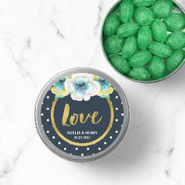 Blått och faux Guld, Blommigt med vattenfärg Bröll Runt Klistermärke