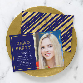 Blått och faux Guld Geometric Photo Grad Party Inbjudningar