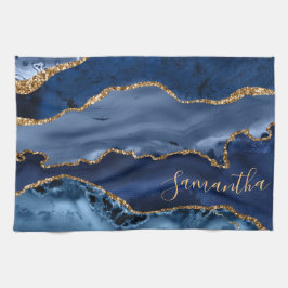 Blått och faux Guld Glitter marble Agate Kökshandduk