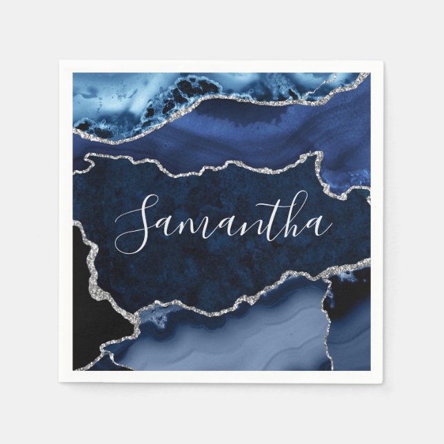 Blått och faux Silver Glitter marble Agate Pappersservett (Framsidan)