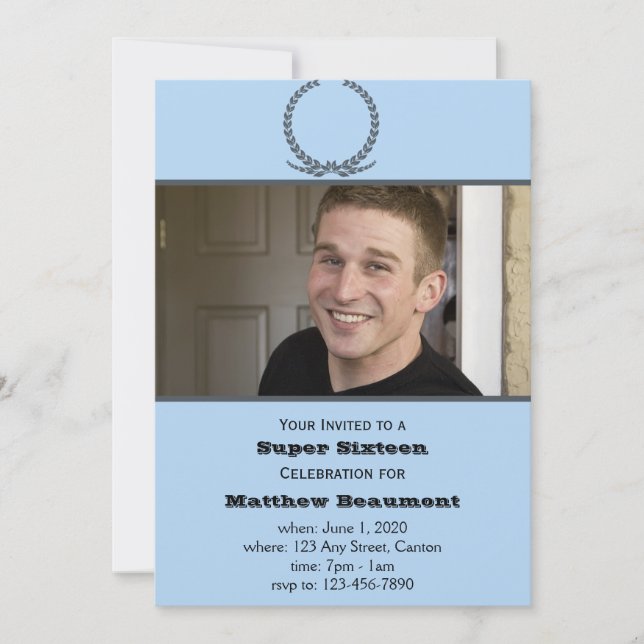 Blått och grå färgfotofödelsedagsfest inbjudan (Framsida)