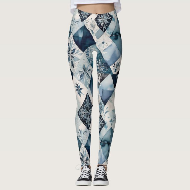 Blått och grädde i Blommigten Mönster Leggings (Framsida)
