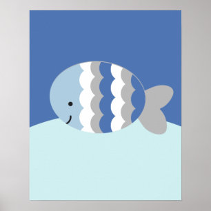 Blått och Grått Ocean Sea Life Nursery Art Skriv u Poster