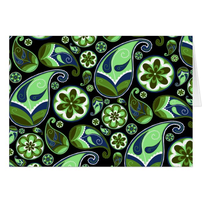 Blått och gröna Paisley på svart Hälsningskort (Framsidan Horizontal)