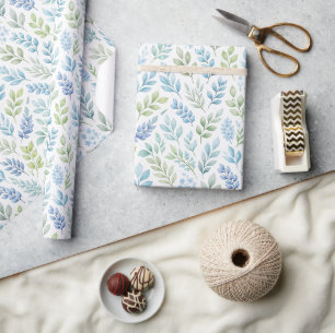 Blått och grönt akvarell botaniskt bladsmönster presentpapper