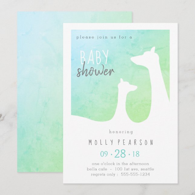 Blått och Grönt Baby Giraffe Baby Shower-inbjudan Inbjudningar (Fram/baksida)