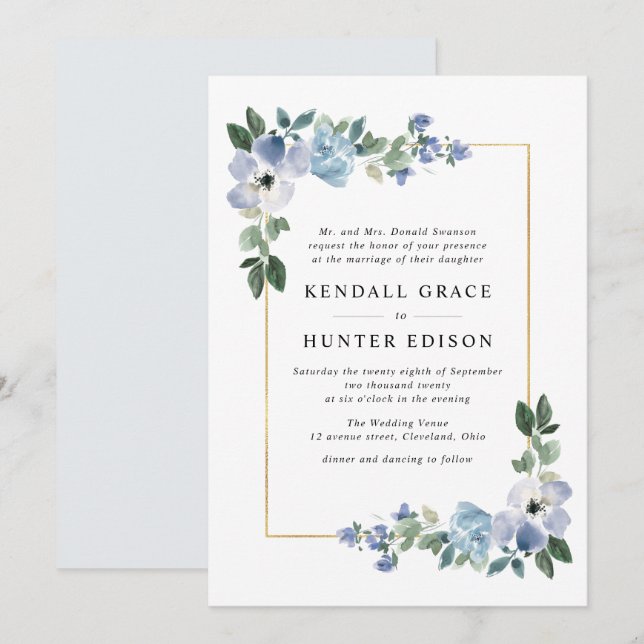 Blått och grönt blommigt ram bröllop inbjudningar (Fram/baksida)