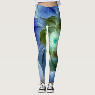 Blått och Grönt Fractal Flower Leggings
