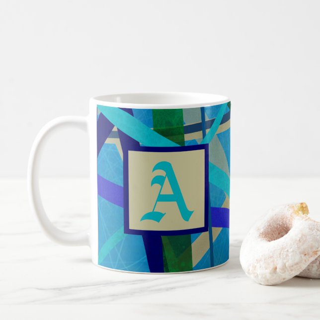 Blått och Grönt Geometric Mönster Monogram Kaffemugg (Med munk)