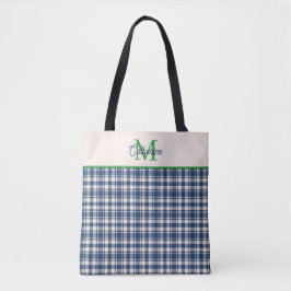 Blått och grönt Gingham Plaid Tartan Monogram Tygkasse