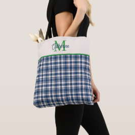 Blått och grönt Gingham Plaid Tartan Monogram Tygkasse