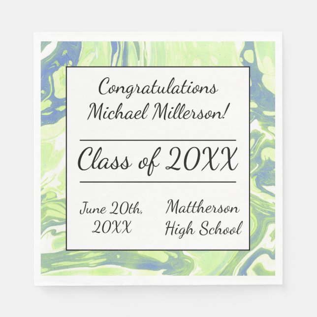 Blått och Grönt, marmorerad färg Färgbläck Pappra  Pappersservett (Framsidan)