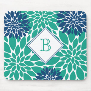 Blått och Grönt Modern Blooms Initial Monogram Musmatta