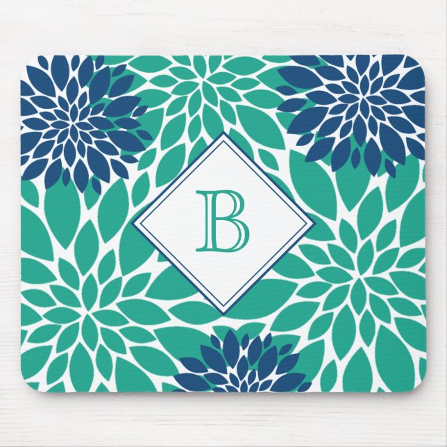 Blått och Grönt Modern Blooms Initial Monogram Musmatta (Framsidan)