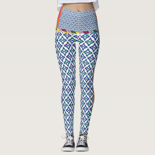 blått och grönt mönster med vit bakgrund leggings