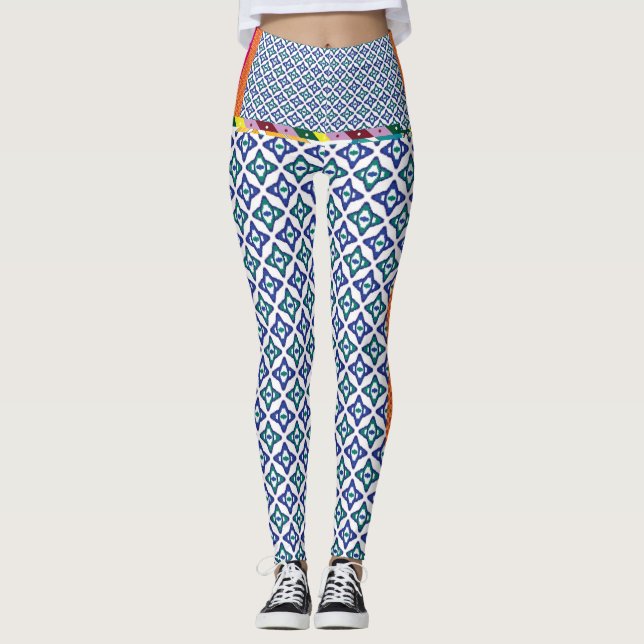 blått och grönt mönster med vit bakgrund leggings (Framsida)