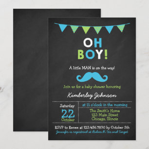 Blått och Grönt Mustache Baby Shower Inbjudningar