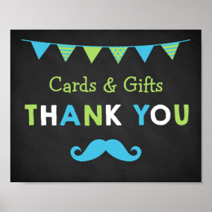Blått och Grönt Mustache Chalkboard Baby Shower Poster