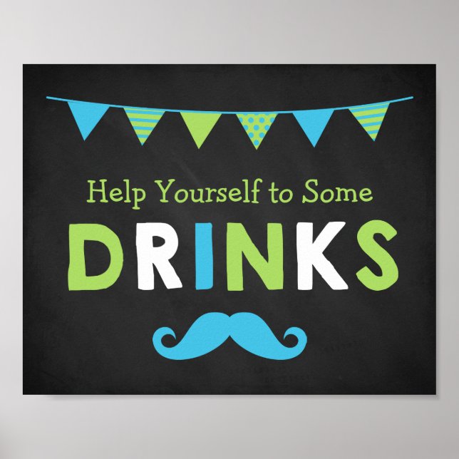 Blått och Grönt Mustache Chalkboard Baby Shower Poster (Framsidan)