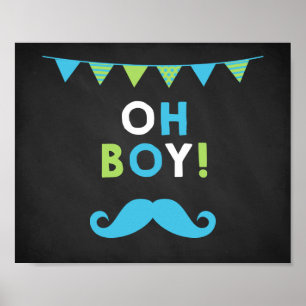 Blått och Grönt Mustache Chalkboard Baby Shower Poster