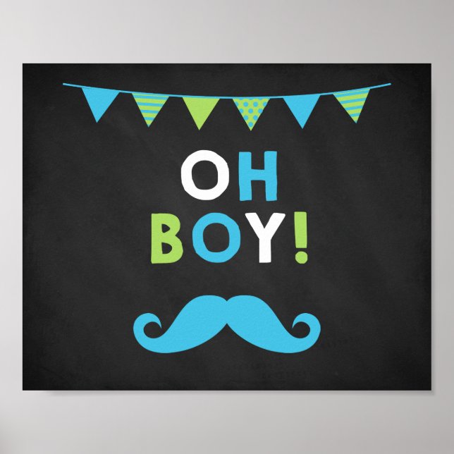 Blått och Grönt Mustache Chalkboard Baby Shower Poster (Framsidan)