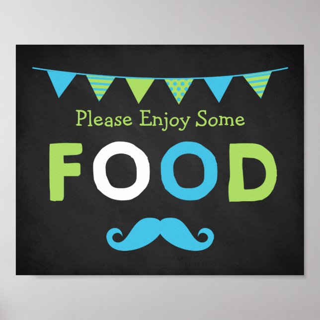 Blått och Grönt Mustache Chalkboard Food Sign Poster (Framsidan)