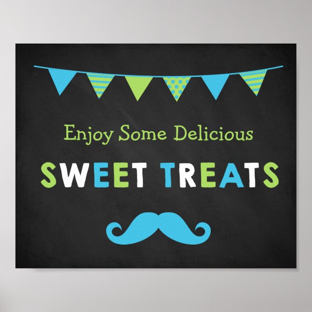 Blått och Grönt Mustache Chalkboard Sweet Treats Poster (Framsidan)