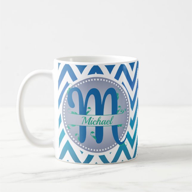 Blått och grönt Ombre-chevronmönster monogram Kaffemugg (Vänster)