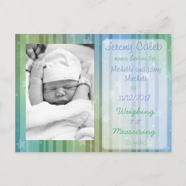 Blått och Grönt Pojke Birth-annoncement Postcard Meddelande Vykort (Framsida)