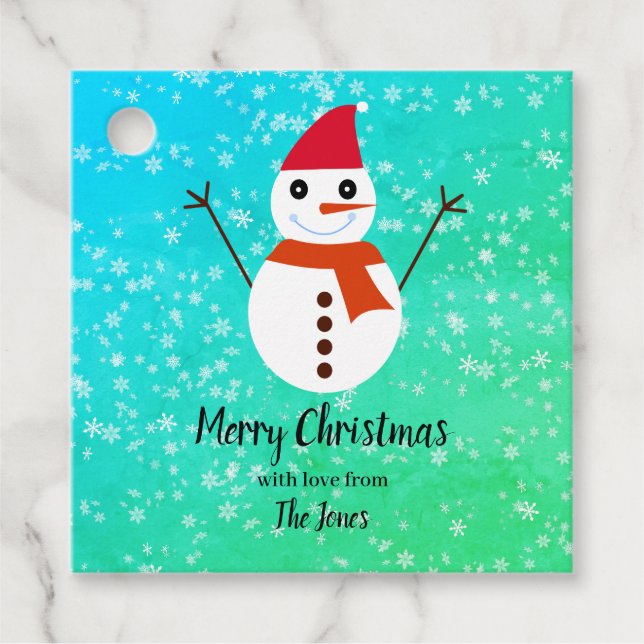 Blått och Grönt Snögubbe med snö-jul Gåvor Etiketter (Framsida)
