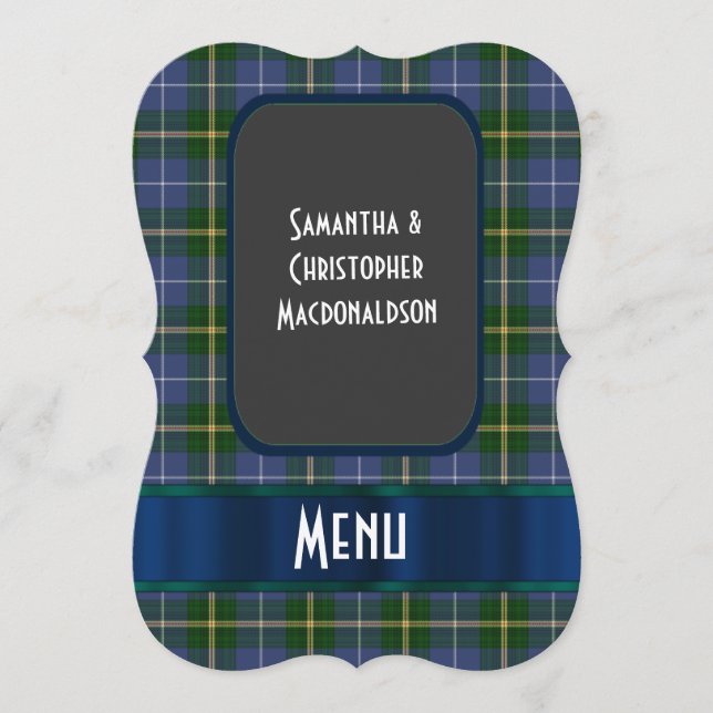 Blått och grönt tartan på bröllop-menyn meny (Framsida)