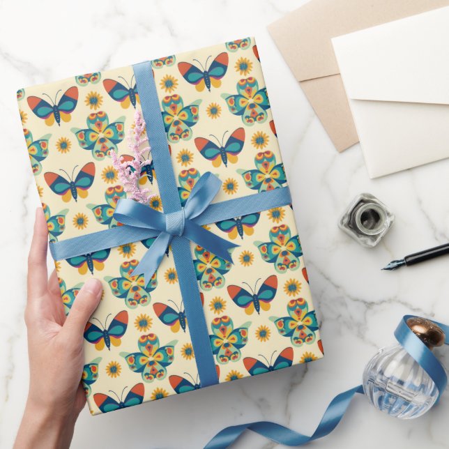 Blått och Grönt vattenfärgsfjäril Presentpapper (Gifting)