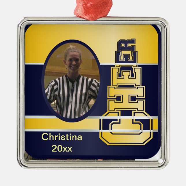 Blått och gul Cheerleading fotograferar prydnaden Julgransprydnad Metall (Framsidan)