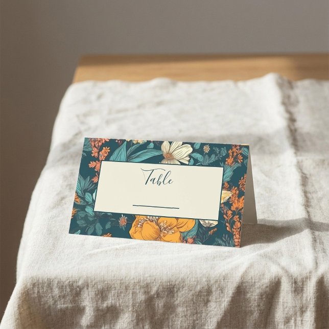 Blått och gula blommor bröllop bordsnummer placeringskort (Blue and yellow flowers wedding table number place card.)