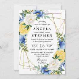 Blått och Gula blommor Guld Ram Bröllop Inbjudningar