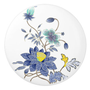 Blått och Gula blommor keramiskt dragande Knopp