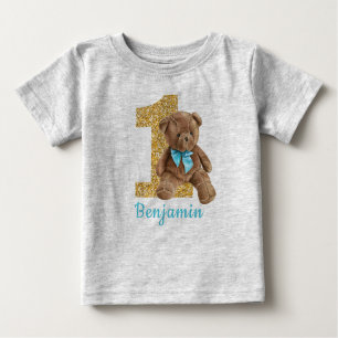 Blått och Guld 1:a födelsedag Nalle Baby T-Shirt